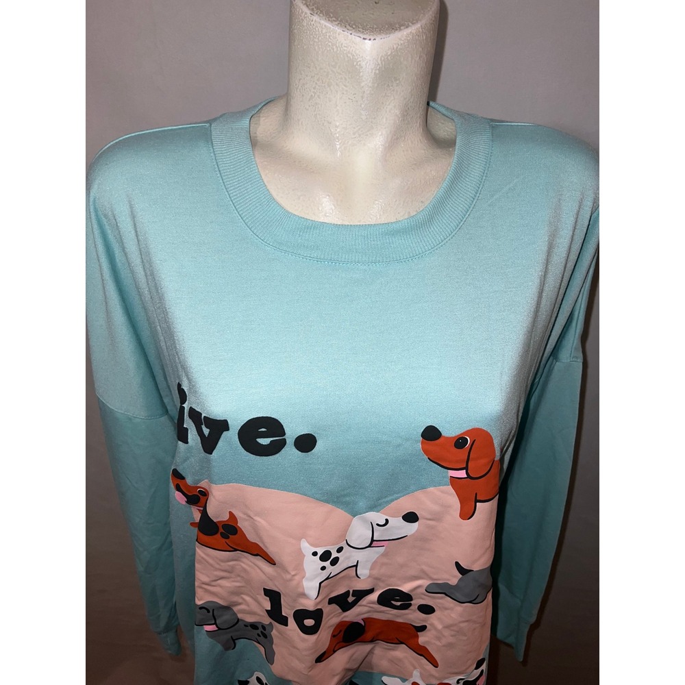 New LuLaRoe Womens XL Live Love Woof Dog Graphic Teal Blue LS HANNAH Pullover - Picture 2 of 8